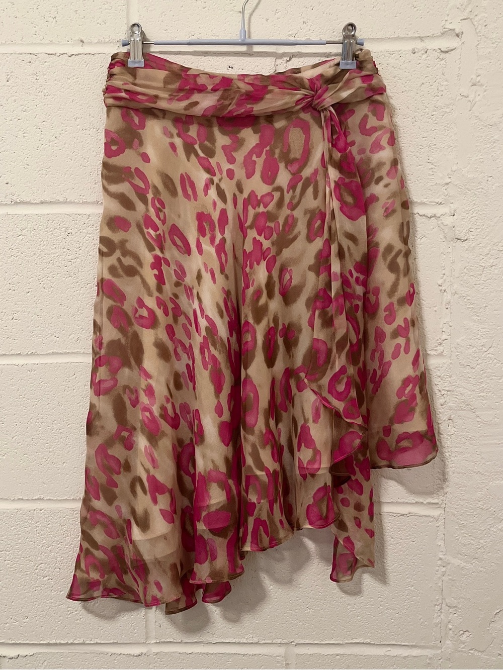 Vintage Y2k Milly Silk Pink Leopard Print Asymmetrical Midi Skirt
